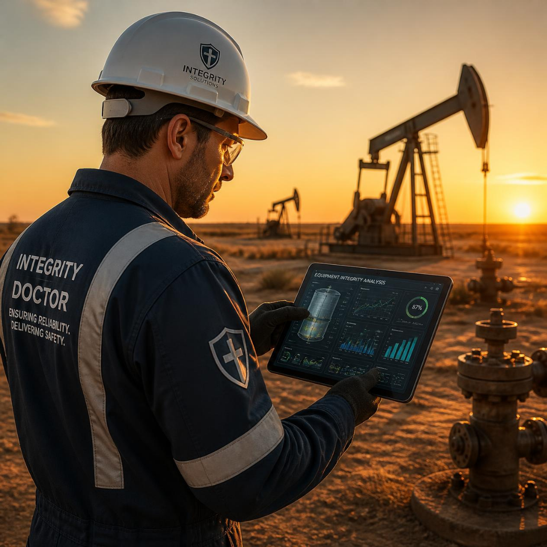 Integrity specialist reviewing equipment condition data in the field