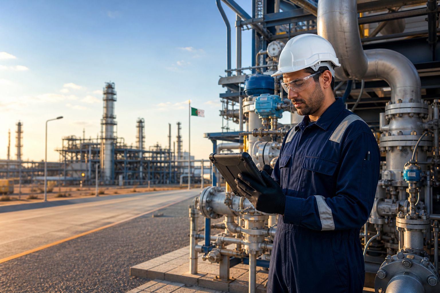 Asset Integrity Engineer reviewing equipment condition at an Algerian oil and gas facility