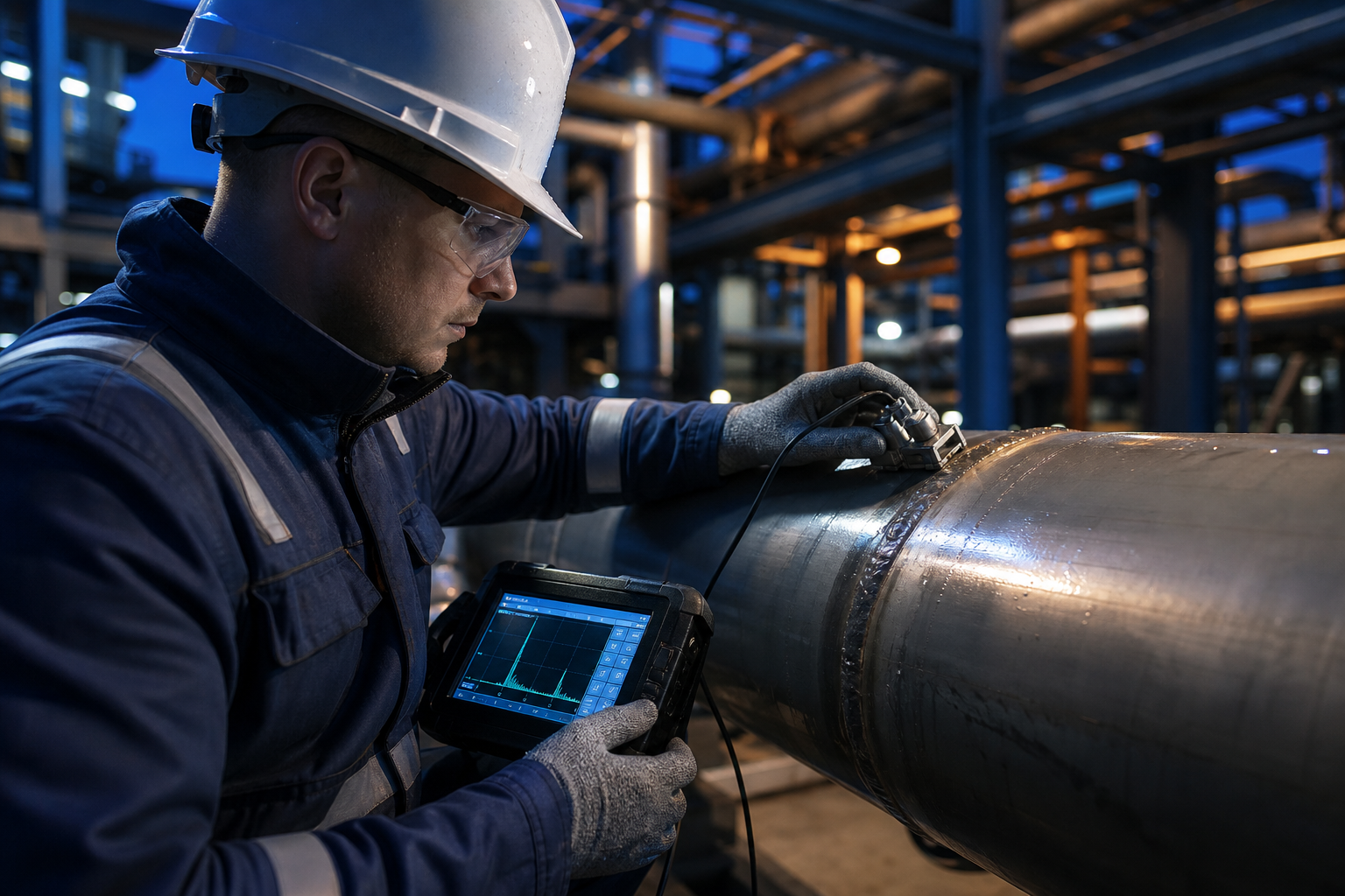 NDT inspector performing ultrasonic testing on industrial piping