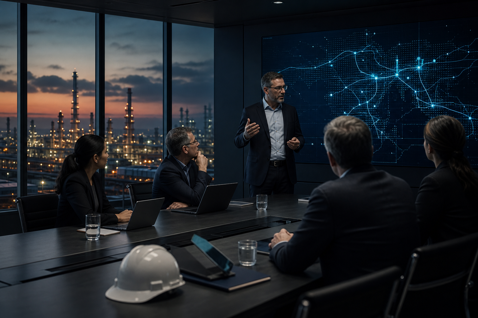 Executive engineering team aligning an industrial technology strategy